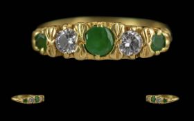 Ladies Fine 18ct Gold 5 Stone Diamond and Emerald Set Ring. Full Hallmark to Interior of Shank,