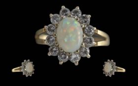 Ladies Excellent 9ct Gold Opal and CZ Set Cluster Ring. Flower head Design.