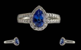 Ladies - Modern 14ct White Gold Sapphire and Diamond Set Dress Ring. Marked 585 to Interior of