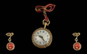 Victorian Period 1837 - 1901 Ladies Fine 18ct Gold and Red Enamel Small Watch, With Matching Bow