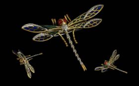18ct Gold Enamel And Diamond Dragonfly Brooch The body, tail and wings pavé-set with round-cut