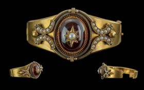 Mid Victorian Period 18ct Gold Large Garnet and Pearl Set Ornate Hinged Bangle. c.1850's. Not Marked