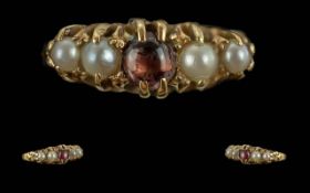 Antique Period Ladies 18ct Gold Garnet and Pearl Set Ring. Raised Open worked Setting. Full Hallmark