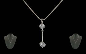 Ladies Fine Quality 18ct White Gold Twin Faceted Diamond Set Drop, The Well Matched Round Faceted