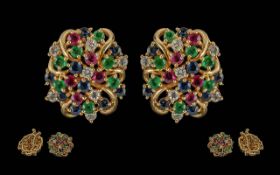 Ladies - Attractive Superior Quality 14ct Gold Multi Gem Set Earrings ( Cluster Form ) For Pierced