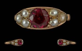 Antique Period Ladies Pleasing and Exquisite 15ct Gold Ruby and Pearl Set Ring. Tests Gold. The