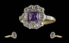 Edwardian Period 1902 -1910 Ladies 18ct Gold Amethyst and Diamond Set Dress Ring, Pleasing Design.
