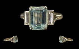 Ladies Quality 18ct White Gold Aquamarine and Diamond Set Dress Ring. The Central Step-cut