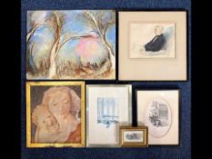 Oil Painting by Jan Byrne 'Sun Woman & Moon Man', together with a selection of old watercolours