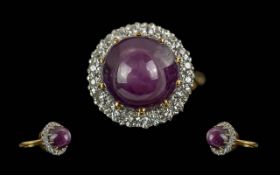 Ladies 18ct Gold Cabouchon Ruby and Diamond Set Ring. Marked 18ct to Interior of Shank. The