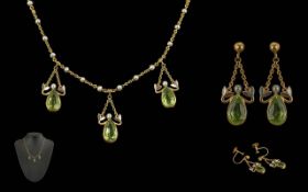 Antique Period Ladies Fine 9ct Gold Seed Pearls and Peridot Set Necklace with Matching 9ct Gold