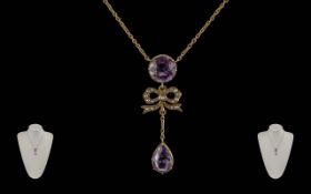 Antique Period Ladies Quality 9ct Gold Necklace with Amethyst and Seed Pearl Drop of Exquisite