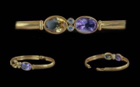 Ladies 18ct Gold Pleasing Quality Amethyst - Citrine and Diamond Set Bangle. Marked 750 - 18ct.