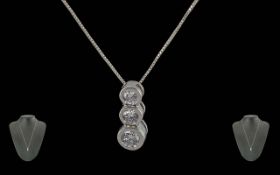 Ladies - Pleasing Quality 14ct White Gold 3 Stone Pave Set Diamond Pendant Drop and Chain. Both