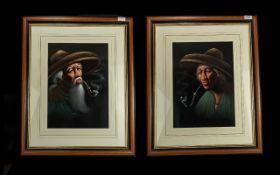 Pair of Original Pastels on Board, Man and Woman Pipe Smokers. Image sizes 17'' x 12'' (45cm x