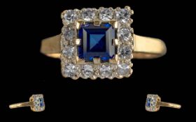 Ladies 18ct Gold Blue Sapphire / Diamond Set Dress Ring of Square Form. Tests 18ct. The Central Blue