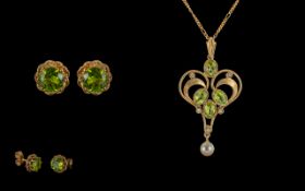 Ladies Art Nouveau 9ct Gold Peridot Set Pendant with Pearl Drop with Attached 9ct Gold Chain with