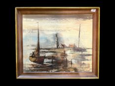 Large Framed Oil Painting signed Sterk, depicting ships in a harbour. Measures 24'' x 27'' overall.