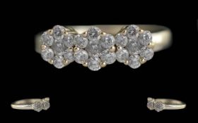 Ladies Attractive 14ct White Gold Triple Cluster Diamond Set Ring - Marked 14ct To Interior Of