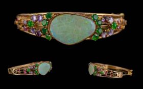 Ladies - Pleasing Quality 14ct Gold Large Opal and Amethyst / Rubies Open Worked Hinged Bangle of