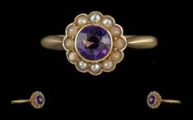 Antique Period Ladies 18ct Gold Amethyst and Pearl Set Cluster Ring, Marked 18ct to Shank. The