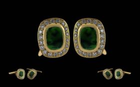 Victorian Period 1837 - 1901 Gentleman's 9ct Gold Emerald / Diamond Set Pair of Cufflinks, Tests