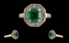 18ct Emerald & Diamond Ring, central rectangular cut emerald 8.6 x 8.04 x 4 mm, surrounded by 14 old