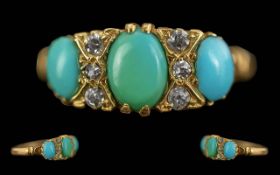 Antique Period Ladies 18ct Gold Turquoise and Diamond Set Ring. Full Hallmark to Interior of
