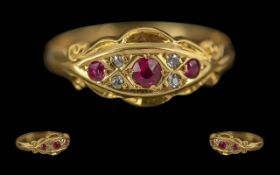 Antique Period Ladies 18ct Gold Ornate Ruby and Diamond Set Ring, Pleasing Design. Full Hallmark for
