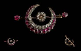 Victorian Period 1837 - 1901 Ladies 9ct Gold Rubies / Diamonds Crescent Shaped Brooch of Pleasing