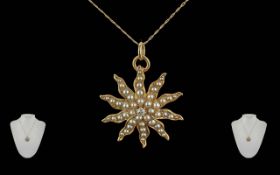 Antique Period Ladies 14ct Gold Star Burst Pendant - Set With Seed Pearls With Diamonds To Centre,