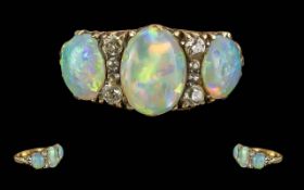 Victorian Period Ladies 18ct Gold 3 Stone Opal Set Ring, Raised Ornate Setting, Marked 18ct. Well
