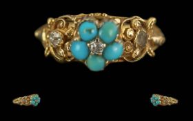 Victorian Period 1837-1901 Ladies Exquisite Petite 18ct Gold Turquoise & Diamond Set Ring - Ornate
