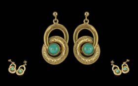 Antique Period - Pleasing Designed Ladies Pair of Ornate 9ct Gold Turquoise Set Earrings of