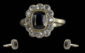 Ladies 1930's 14ct White Gold Sapphire and Diamond Set Cluster Ring, Marked 14ct to Interior of