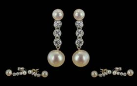 Victorian Period 1837 - 1901 18ct White Gold Diamond and Pearl Set Drop Earrings. Tests 18ct. The