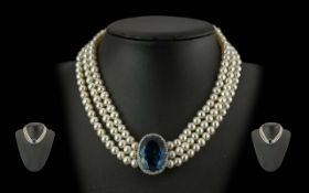 Ladies Excellent Quality 9ct White Gold Blue Topaz and Diamond Set and Cultured Pearl Necklace /