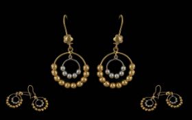 Ladies Excellent Quality 18ct Gold Two Tone Beaded Pair Of Drop Earrings - Excellent Design.