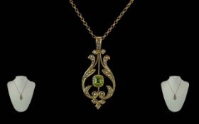 Antique Period Ladies 9ct Gold Open Worked Pendant Set with Peridots / Pearls.