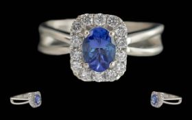 Ladies Attractive 14ct White Gold Sapphire and Diamond Set Ring, Marked 14ct to Shank. The Central
