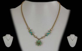 Edwardian Period Ladies Superb Designed & Pleasing 15ct Gold Turquoise & Pearl Set Necklace with