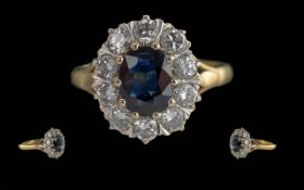 Ladies Pleasing Quality 18ct Gold Diamond and Blue Sapphire Set Cluster Ring. Marked 18ct to