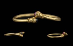 Ladies 18ct Gold Cuff Bangle - Set With A Blue sapphire & Ruby. Tests 18ct Gold. Excellent Warm