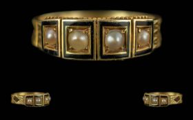 Ladies 15ct Gold Mourning Ring, Set with Black Enamel and Pearls to Shank. Full Hallmark to Interior