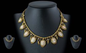 Victorian Period 1837-1901 Ladies Superb Quality 18ct Gold Cameo Set Ornate Necklace - With 9 Gold