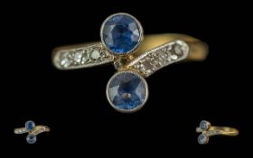 Antique Period Ladies 18ct Gold & Platinum Two Stone Blue Sapphire and Diamond Set Ring. Marked 18ct