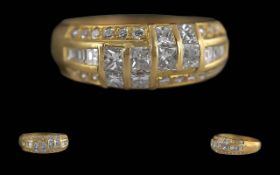 Pleasing Quality 18ct Gold Princess Cut & Brilliant Cut Diamond Ring - Full Hallmark To Interior