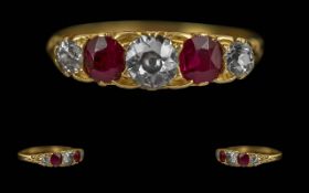 A Victorian Period 1837 - 1901 Ladies 18ct Gold 5 Stone Ruby and Diamond Set Ring. Full Hallmark for