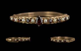 Antique Period Ladies Excellent Fancy Open Worked 9ct Gold Pearl and Garnet Set Hinged Bangle,