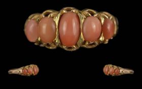Ladies Attractive 9ct Gold Five Stone Coral Set Ring. Full Hallmark to Interior of Shank. Well